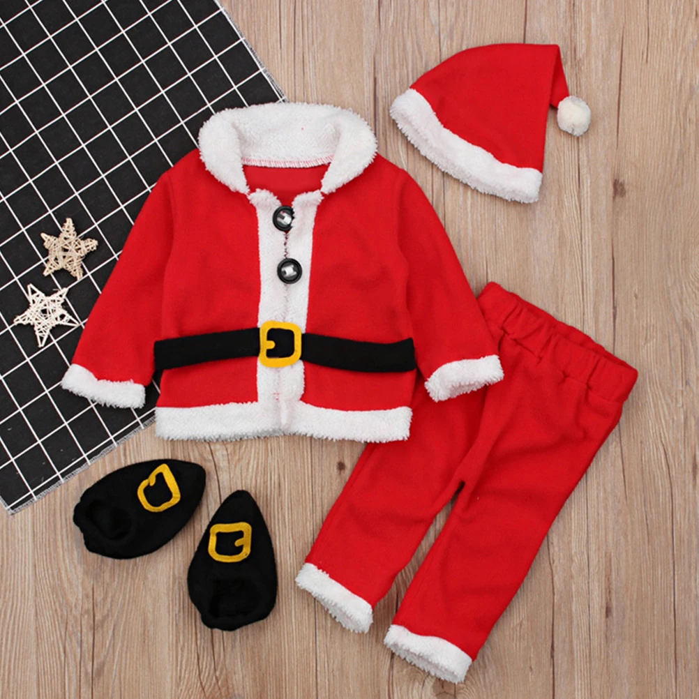 

Christmas Baby Costume Long Sleeve Tops Pants Santa Hat Shoes Warm Winter Outfit Photo Shoot Clothing Set Party