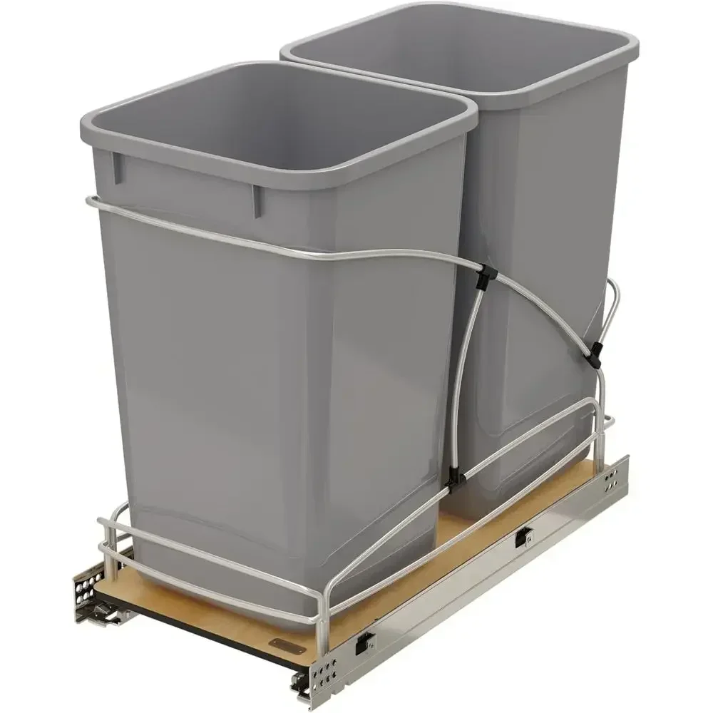 Double 27 Quart Steel Mount Waste Bin, Under Cabinet, Soft Close, Gray