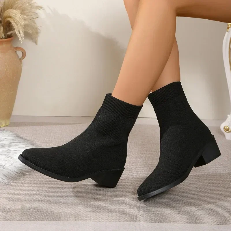 Shoes for Women 2024 Hot Sale Sleeve Women's Boots Autumn Pointed Toe Mesh Mixed Colors Middle Tube Block Heels Fashion Boots