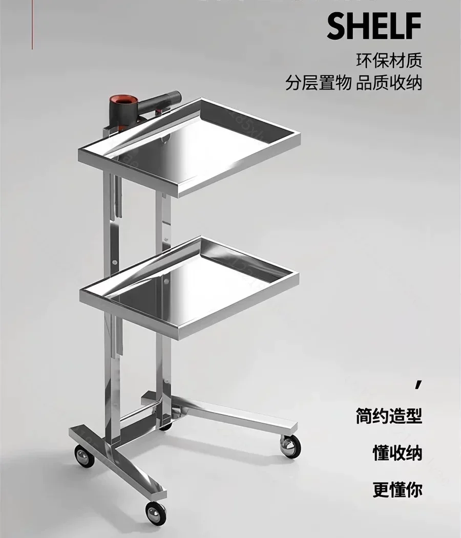 2‑Tier Foldable Stainless Steel Utility Trolley Mobile Storage Workbench Cart For Beauty Salon Barber
