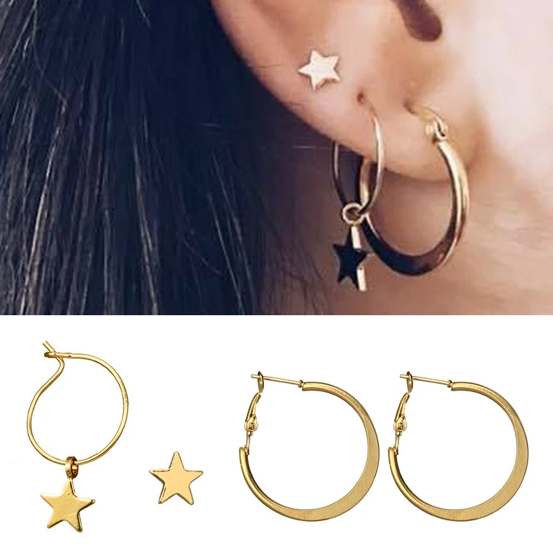 4pcs/set Trendy Circle Drop Earrings for Women Round Star Dangle Earrings Statement Punk Jewelry Vintage Golden Color Girls Gift