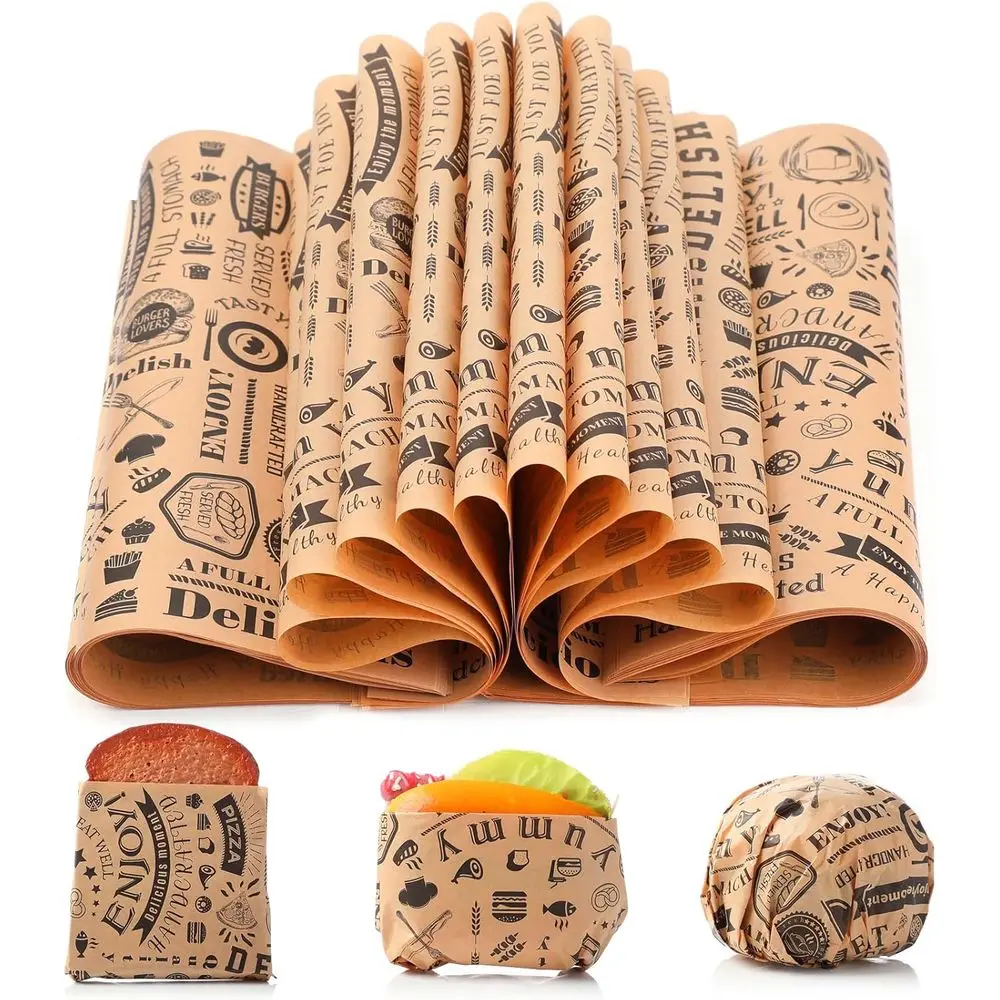 

100 Pack of 10x10 Deli Wax Paper, Grease & Water Resistant for Sandwiches, Hot Dogs, and Baking (Brown)