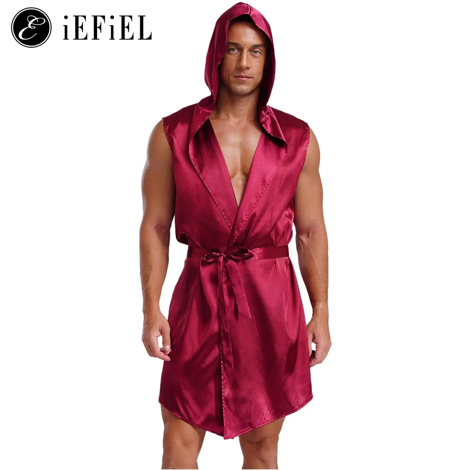 Men Silky Satin Hooded One Piece Robe with Belt Pajama Party Bathrobe Night Pjs Sets Homewear Dailywear