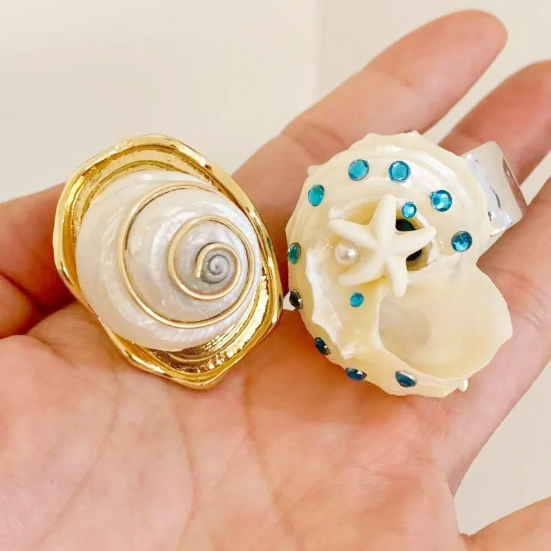 Sweet Ocean Style Shell Open Ring Gold Plated Alloy Starfish Pearl Crystal For Women Daily Wear