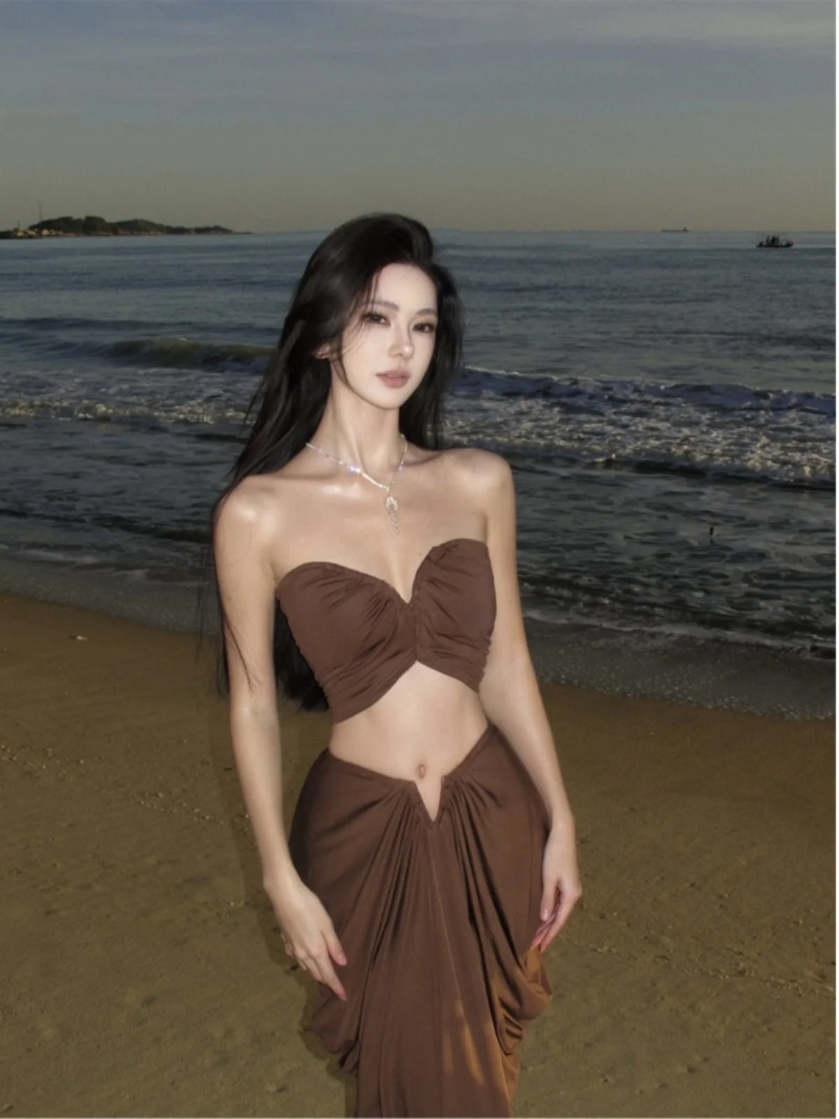 Sexy gebreide rok tweedelige set strandvakantie dames hoge taille elastische stof zomer lange mouw X-ape Dr