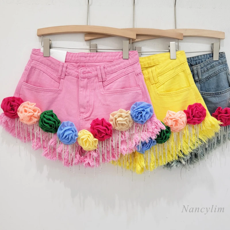 

Summer Tassel Three-Dimensional Flower Raw Edge Denim Shorts Women's Loose High Waist Slimming Wide Leg A- Line Hot Pants 2024