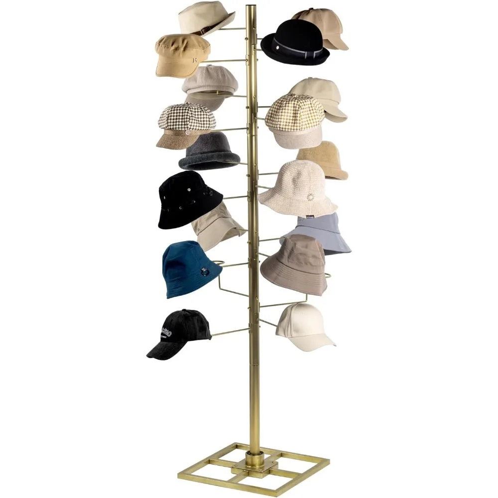 6 Foot Modern Freestanding Brass-Tone Metal Hat Organizer Rack, 360 Degree Rotating Wig or Cowboy Hat Display Stand