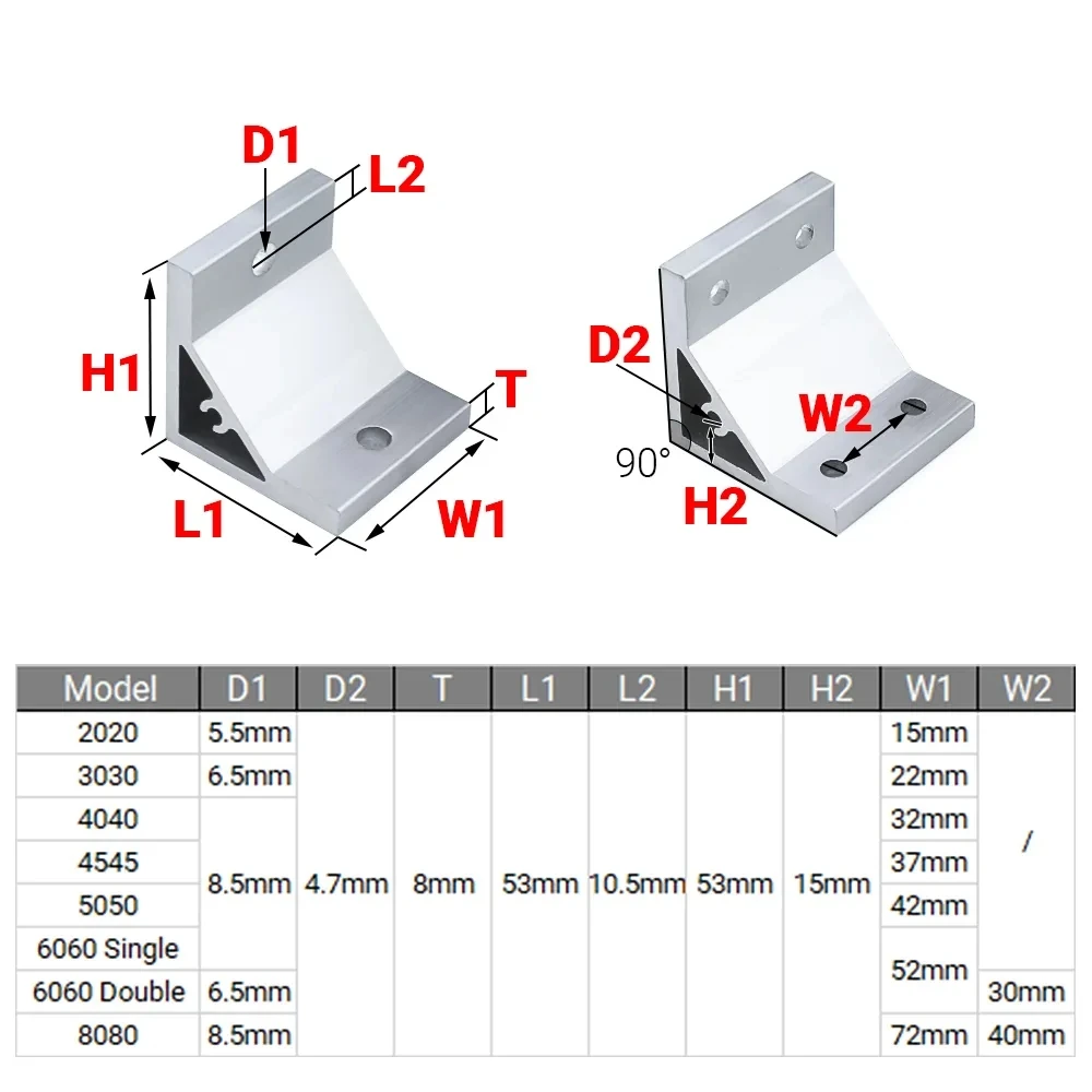 5/10Pcs 53x53mm 90 Degree Corner Angle Bracket 2020 3030 4040 4545 5050 6060 8080 Connection Joint Support for Aluminum Profile