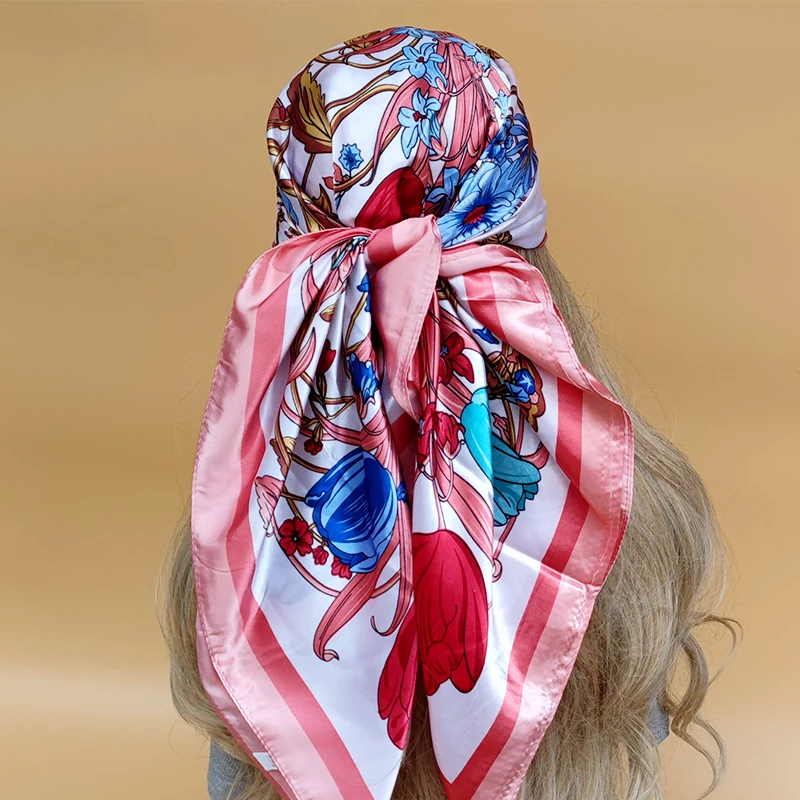 Women 90X90CM New Shawls The Four Seasons Beach Scarves Fashion Model Square Silk Hijab Popular Design Sunscreen Headscarf