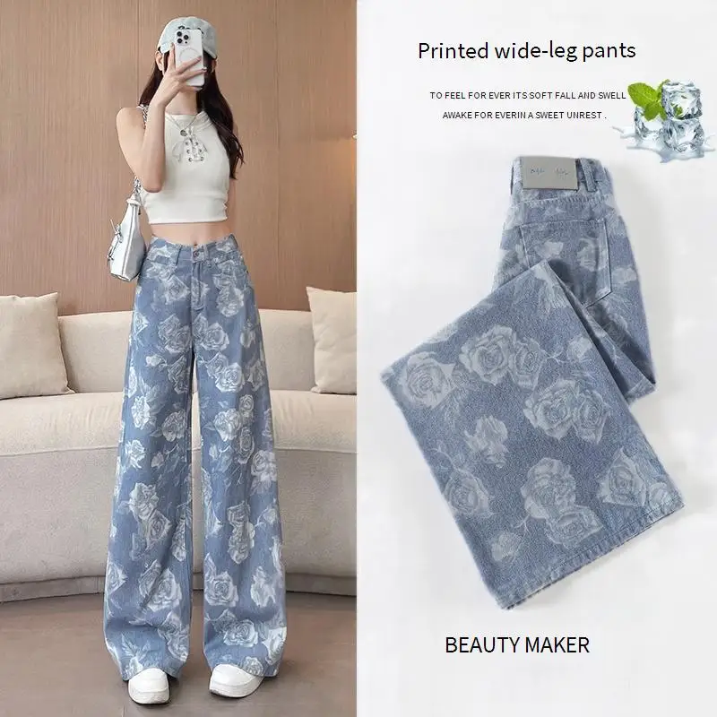 

Джинсы с принтом ручной работы, женские свободные тонкие брюки с завязками, широкими штанинами, высокой талией, узкие прямые брюки, весна и лето