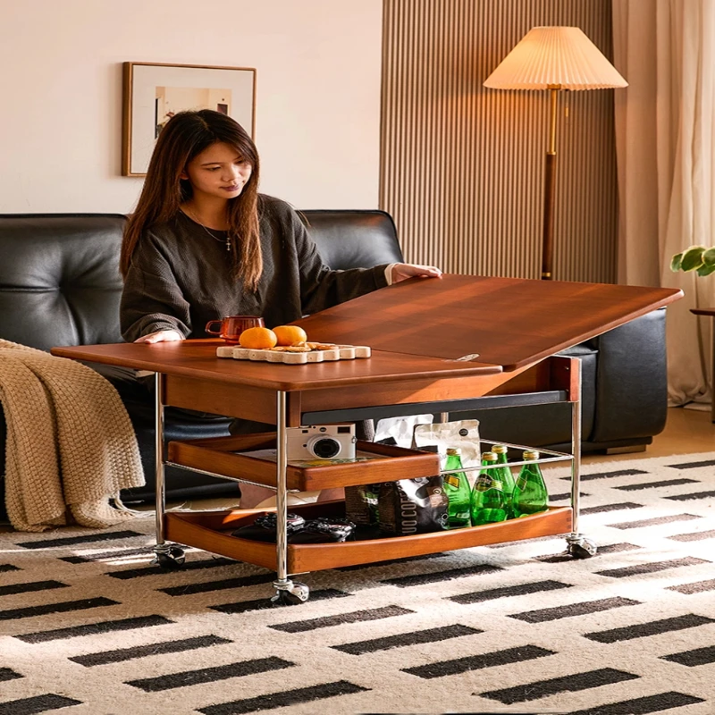 

Solid wood coffee table home living room cart vintage style small apartment retro movable folding coffee table sofa side table