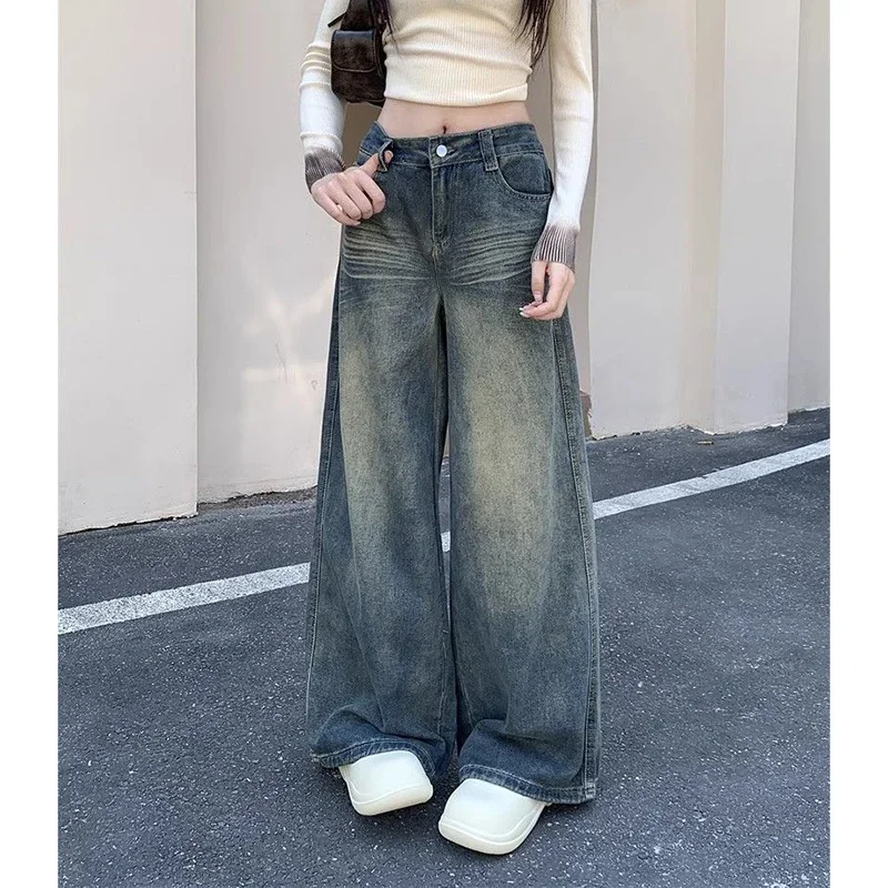

Girls Fashion Simplicity Wide Leg Denim Pants Lady Korean Baggy High Waisted Casual Jeans Trousers Women Chic Retro Jeans Pants
