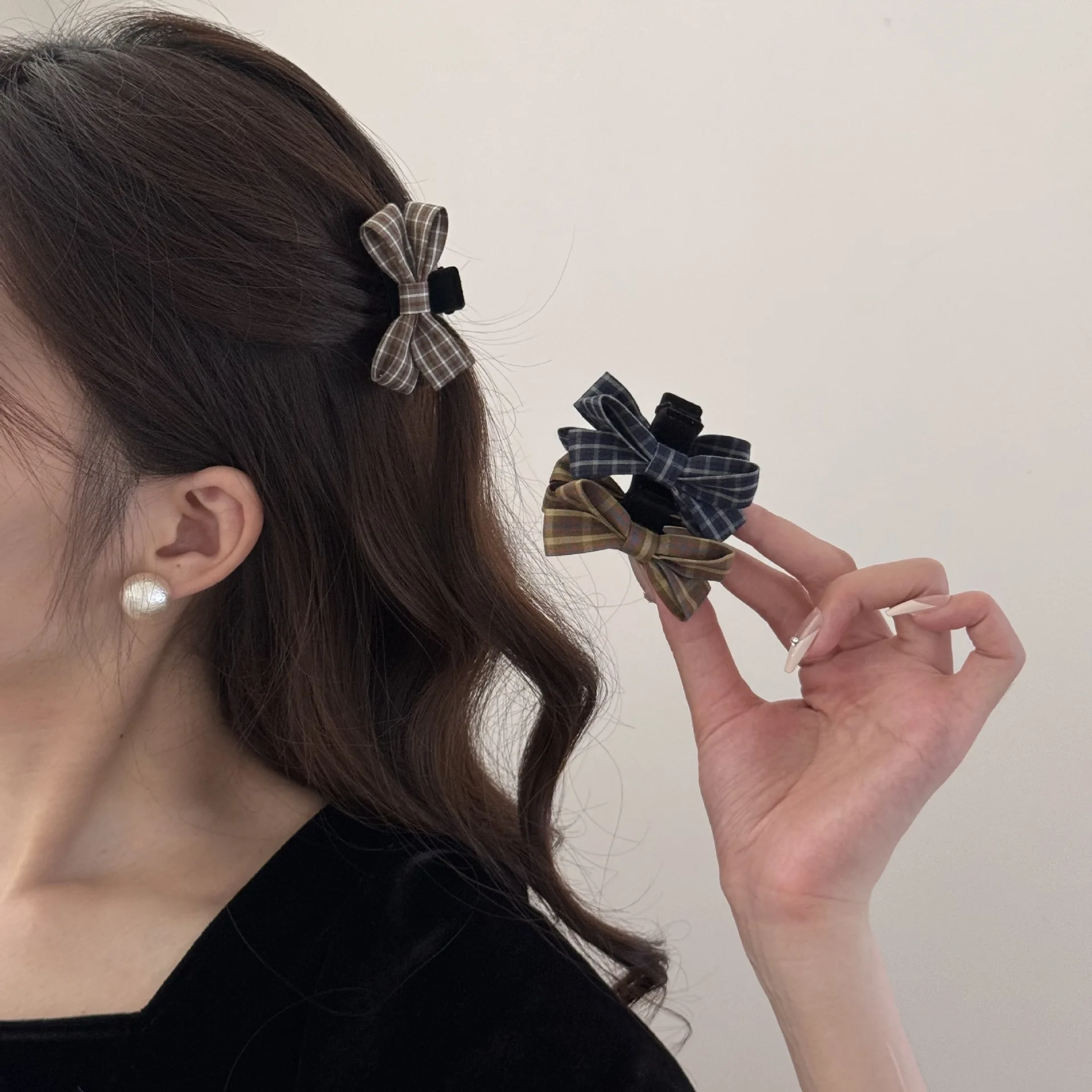 Fashion Plaid Bow Hair Claw Sweet Princess Head Bow Small Hair Grab Clip Women Girls Fringe Bangs Side Clip Styling Accessories