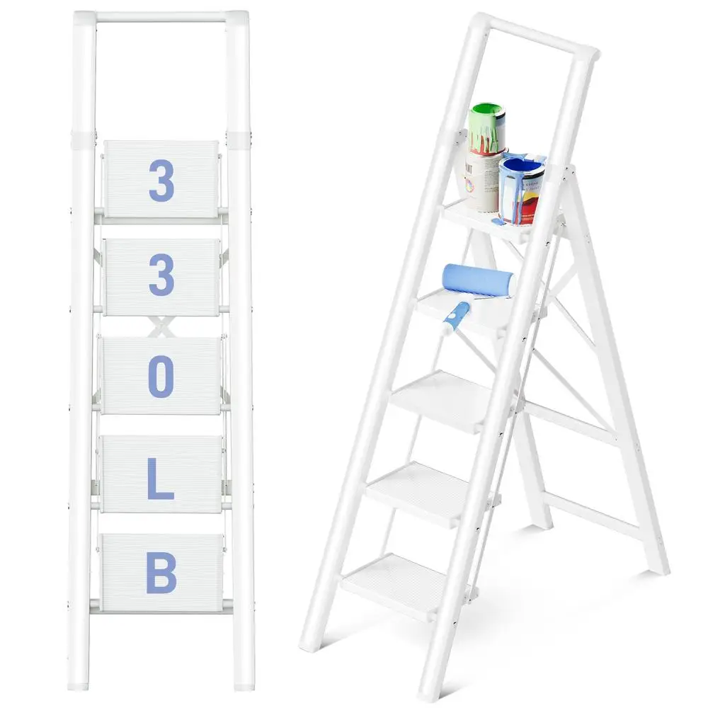 Portable 5-Step Aluminum Step Ladder with Anti-Slip Pedal Compact Fold Multi-Use Rack Stand