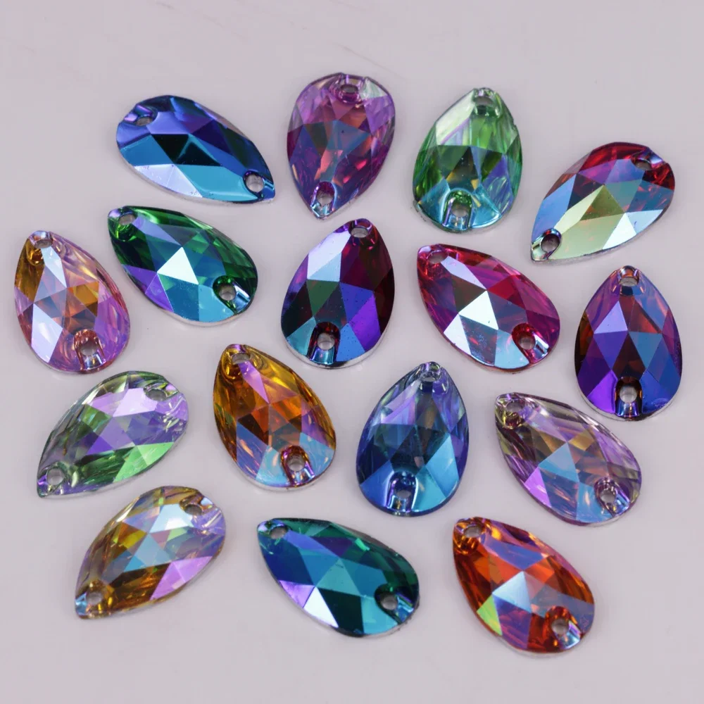 100pcs/Lot, 7*12mm, 10*14mm, 10*18mm, 17*28mm Colors AB Flat Back Resin Teardrop Sew On Stones