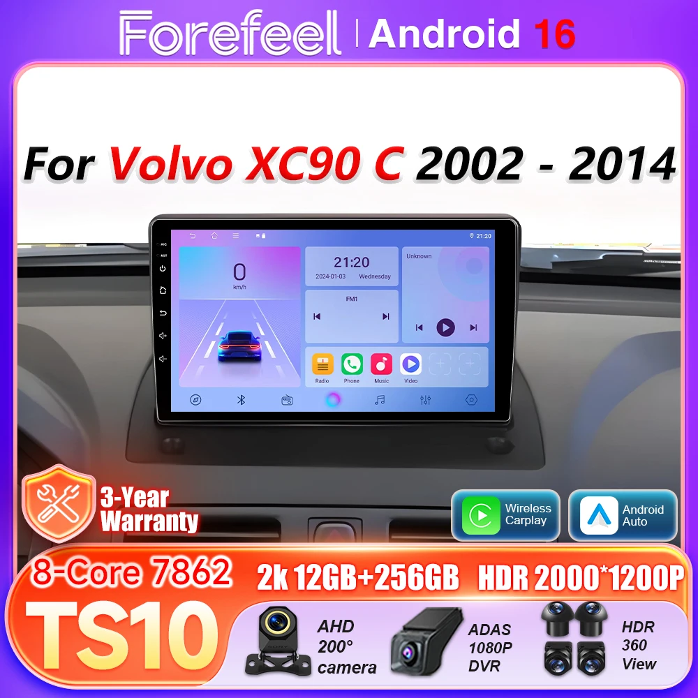 Radio para Auto Android 16 para Volvo XC90 C 2002 2003 2004 2005 - 2014 Reproductor Multimedia con Carplay, Video, Wifi, GPS y Navegación 2din