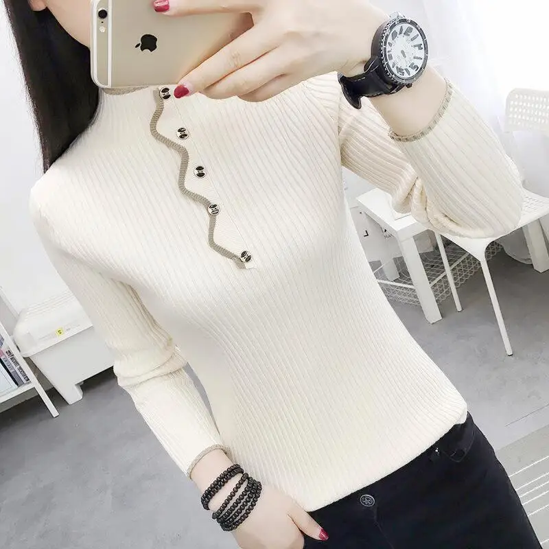 

Slim Long Sleeve Simplicity Vintage Sweaters Autumn Winter Solid All-match Casual Pullovers Top Fashion Elegant Women Clothing