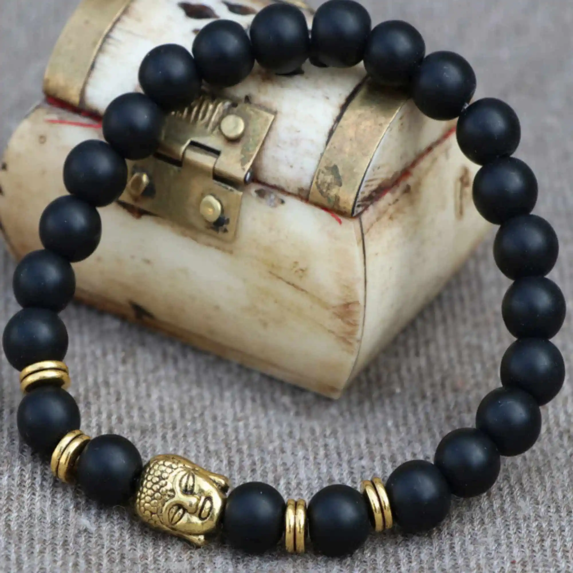 8mm Natural black agate gemstone beads Buddha head Bracelet Taseel Restore Healing Calming Meditation Diy Men's Prayer