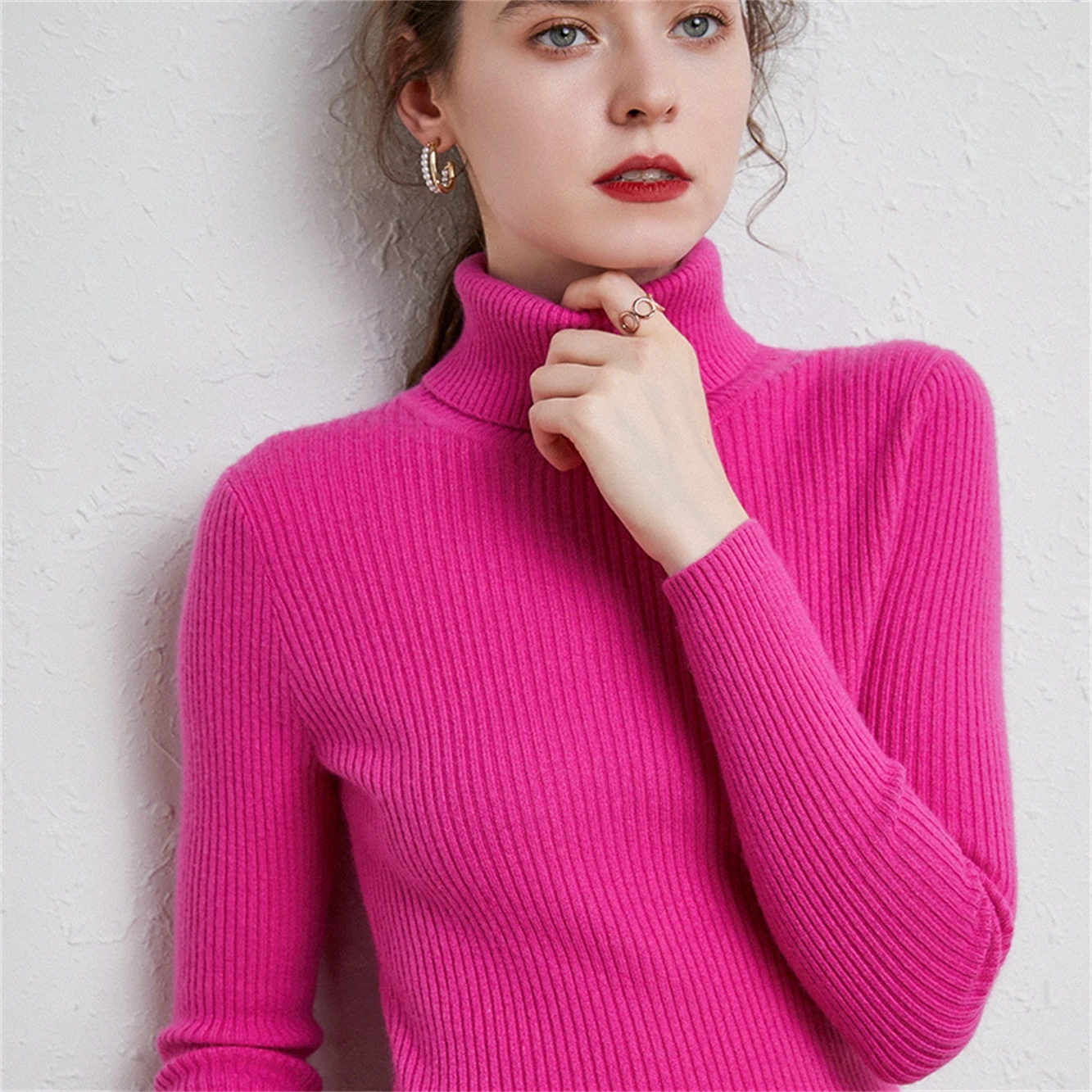 Multicolour Autumn New Style Thick Turtleneck Sweater Women's Slim Pullover Short Long Sleeve Top Tight Knit Base Shirt