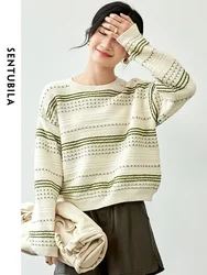 SENTUBILA Women Wool Knitted Striped Pullovers   2024 Autumn Bright Line O Neck Drop Sleeve Simple Cont Tops W43E56352