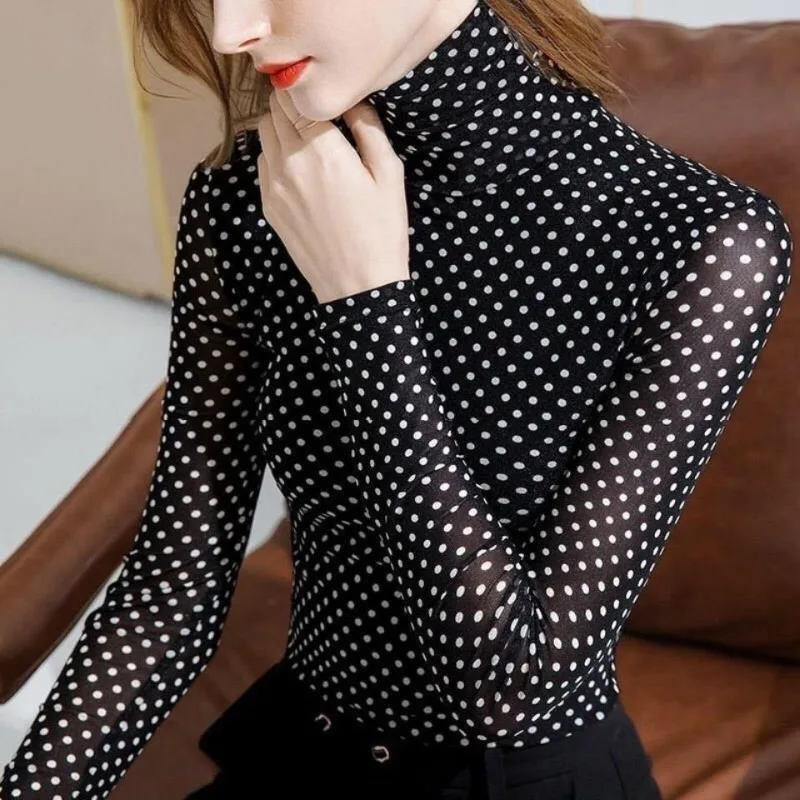 

Women's Turtleneck Bottom 2023 Spring and Summer New Commute Polka Dot Gauze Long Sleeve Thin Pullover Slim Stylish T-shirt Tops