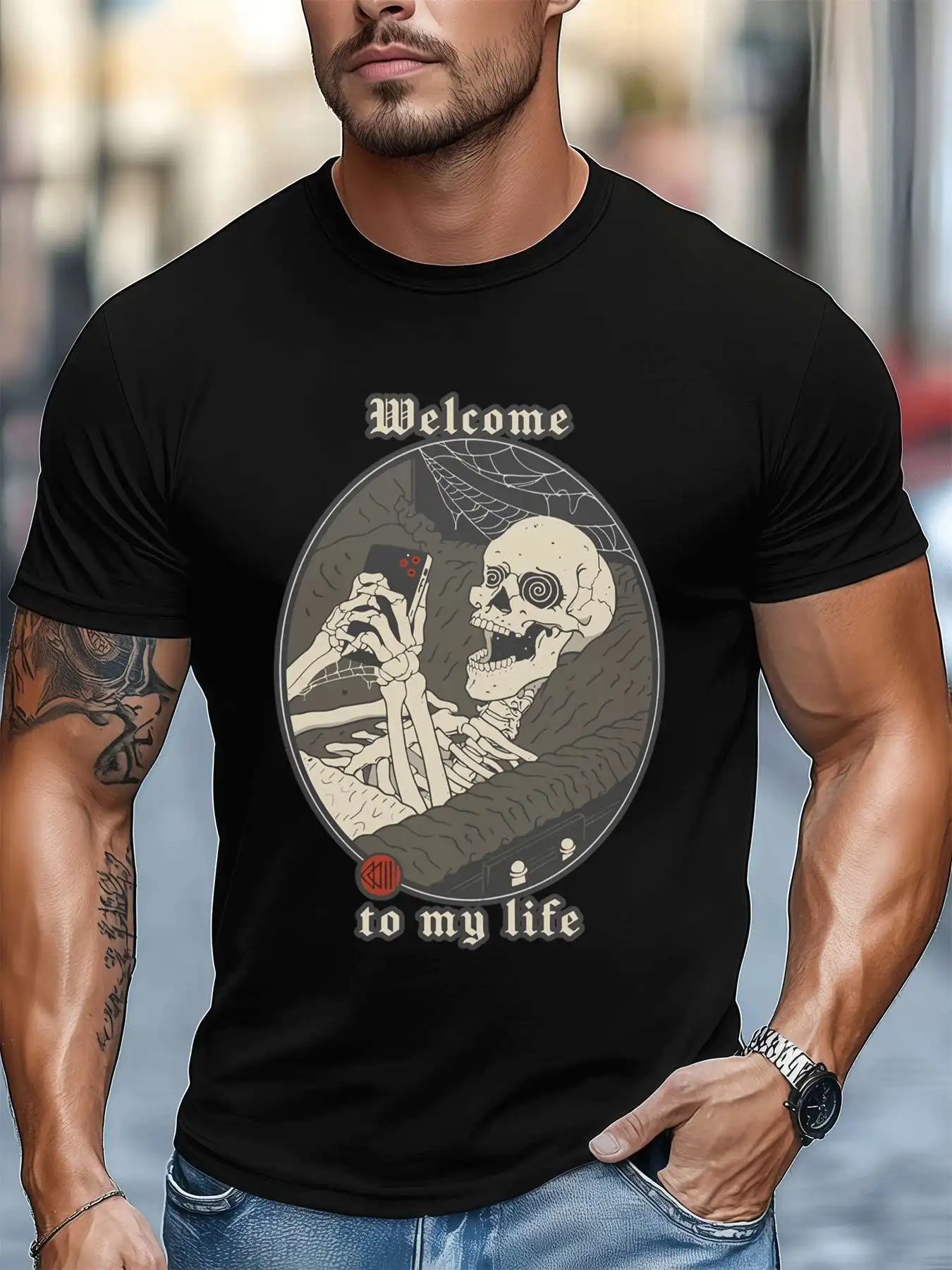 

Мужская новая летняя повседневная футболка с короткими рукавами из чистого хлопка с круглым вырезом Skeleton Grave, 220 г/м2