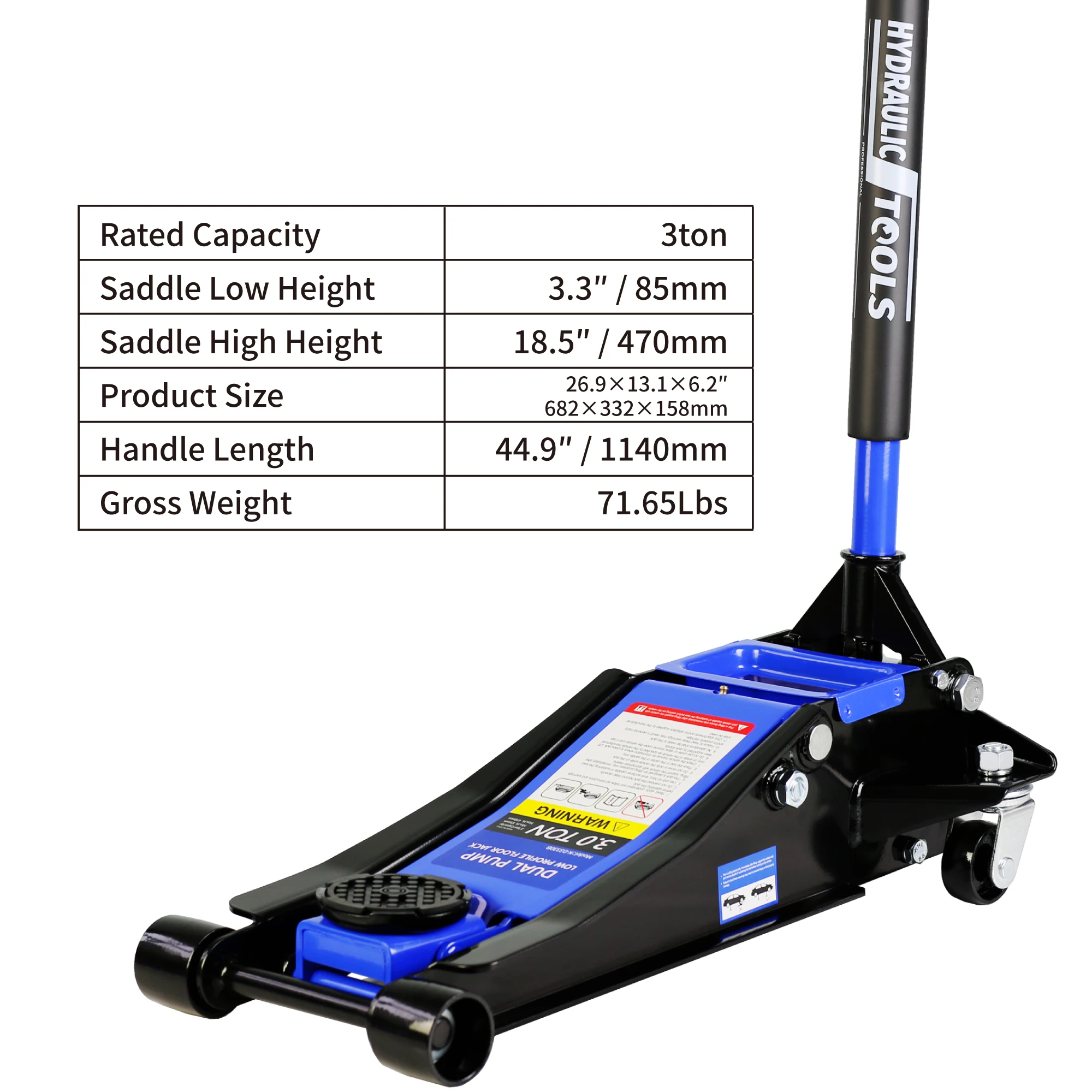 Hydraulic Low Profile and Steel Racing Floor Jack 3 Ton (6600 lb) Capacity, with Dual Piston Quick Lift Pump, Blue