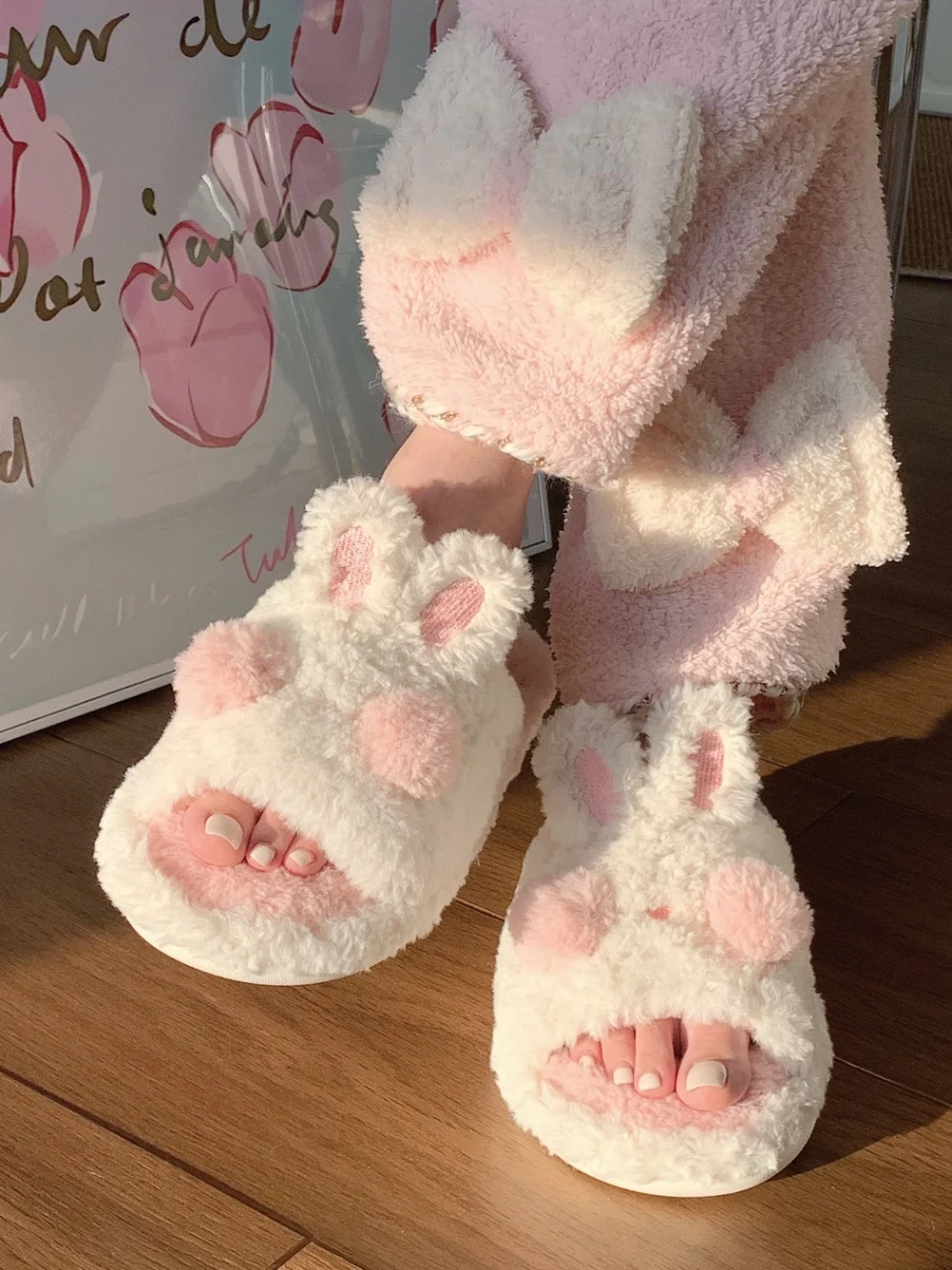 Funny Cute Rabbit Cotton Slippers Women's 2022 Autumn And Winter Home Non Slip Warm Soft Wool Shoes Women Plush Slipper