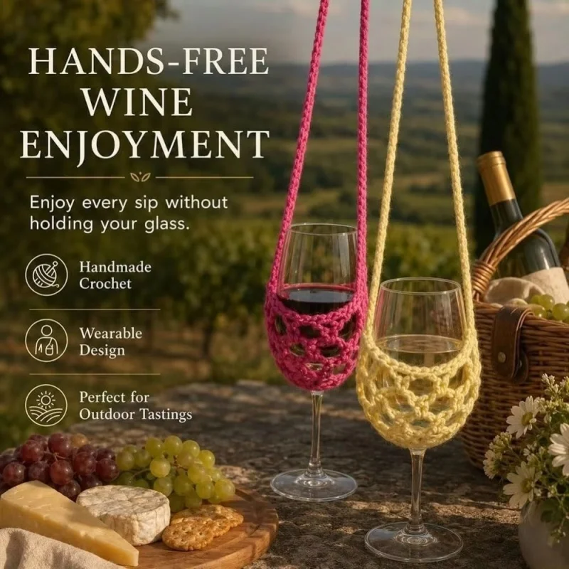 Handmade Crochet Wine Glass Crossbody Holder Hollow Knitted Wine Glass Sleeve Portable Shoulder Strap Cup Cover For Beach Party