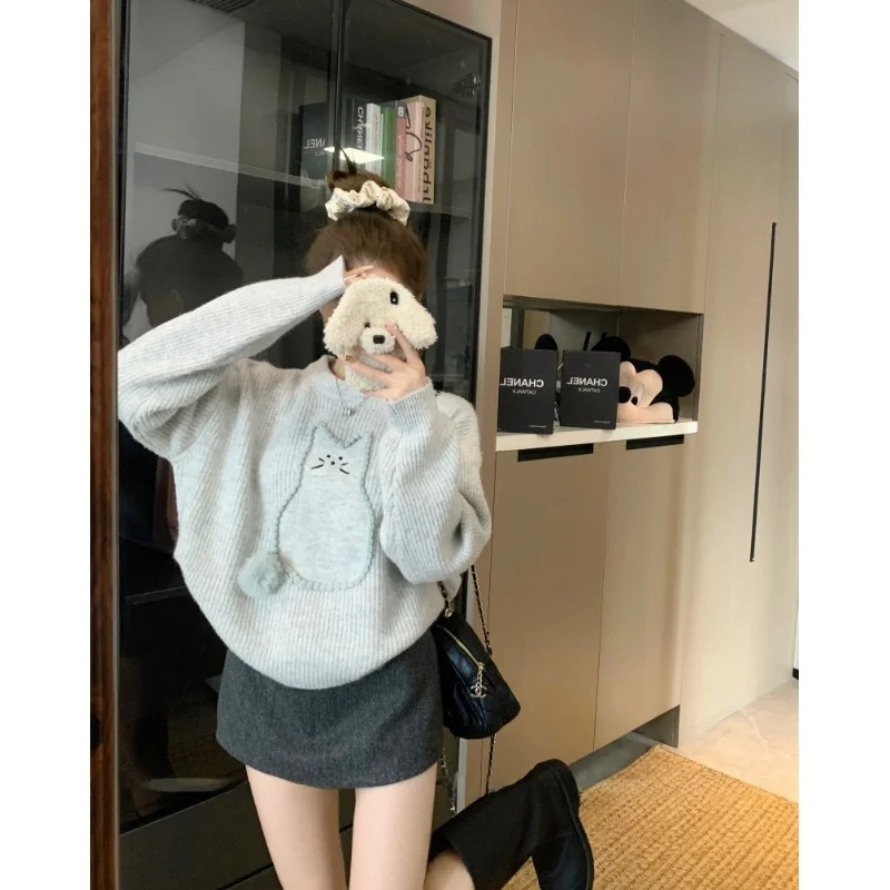 Koreański sweter z okrągłym dekoltem, haftowany, długi rękaw, damski, zimowy, nowy, luźny, wyszczuplający, dzianinowy, do noszenia przez głowę, casualowy, do pracy.