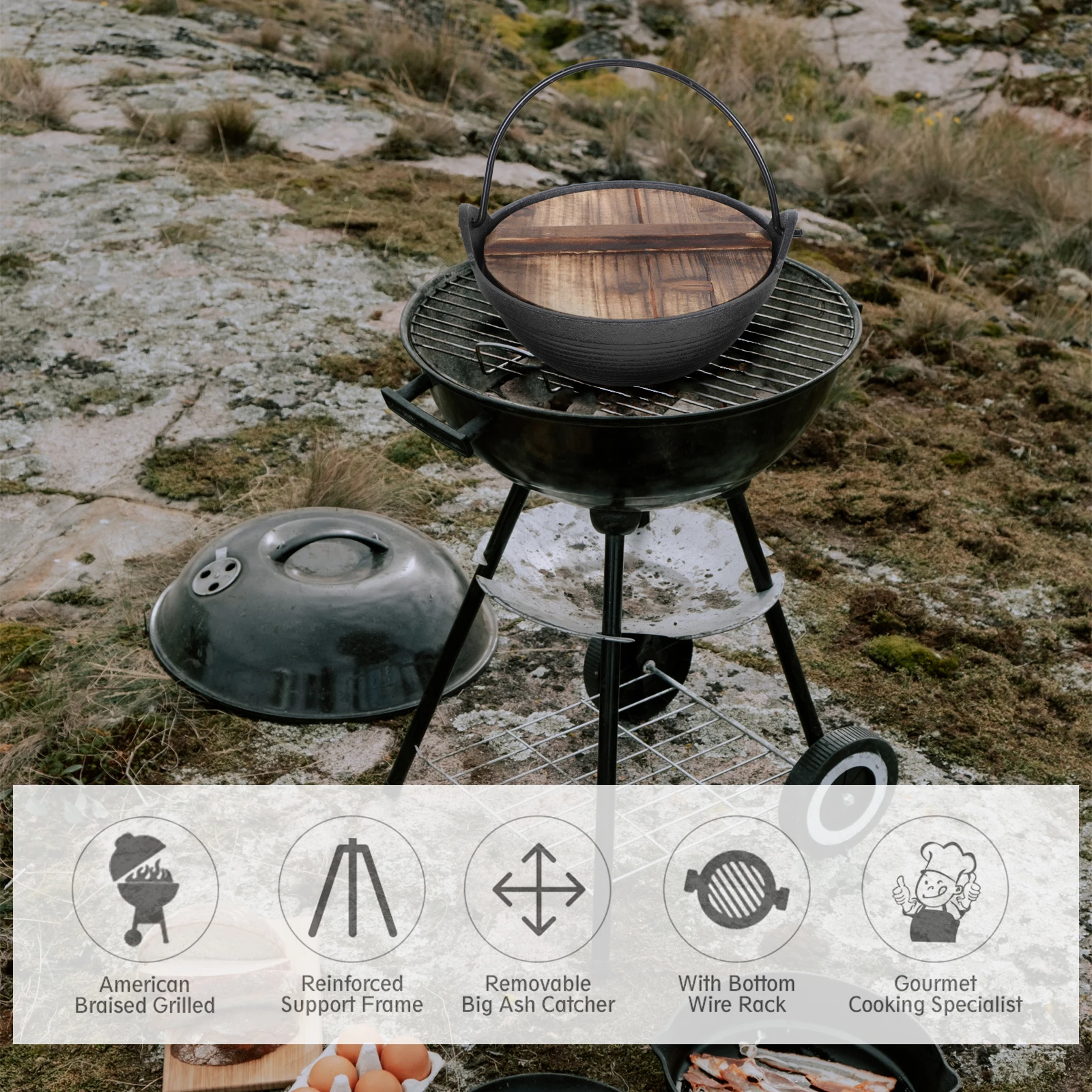 

1pc Small Hot Pot Japanese Style Iron Hanging Pot Cedar Lid Portable Camping Cooker Stove Outdoor Cooking Vessel
