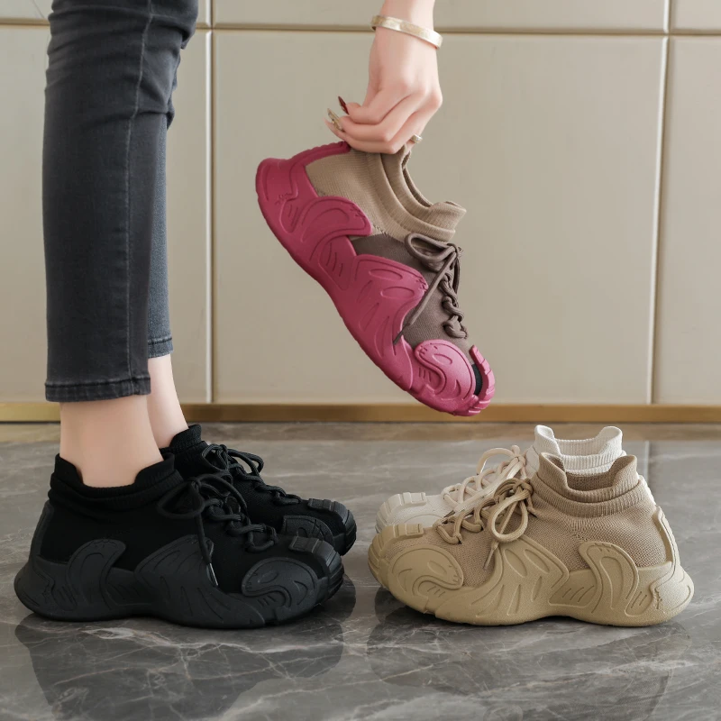 Women's Beige Chunky Sneakers Round Toe Mid Top Mesh Lace-Up Octopus Sole Breathable Lightweight Casual Spring Summer Shoes