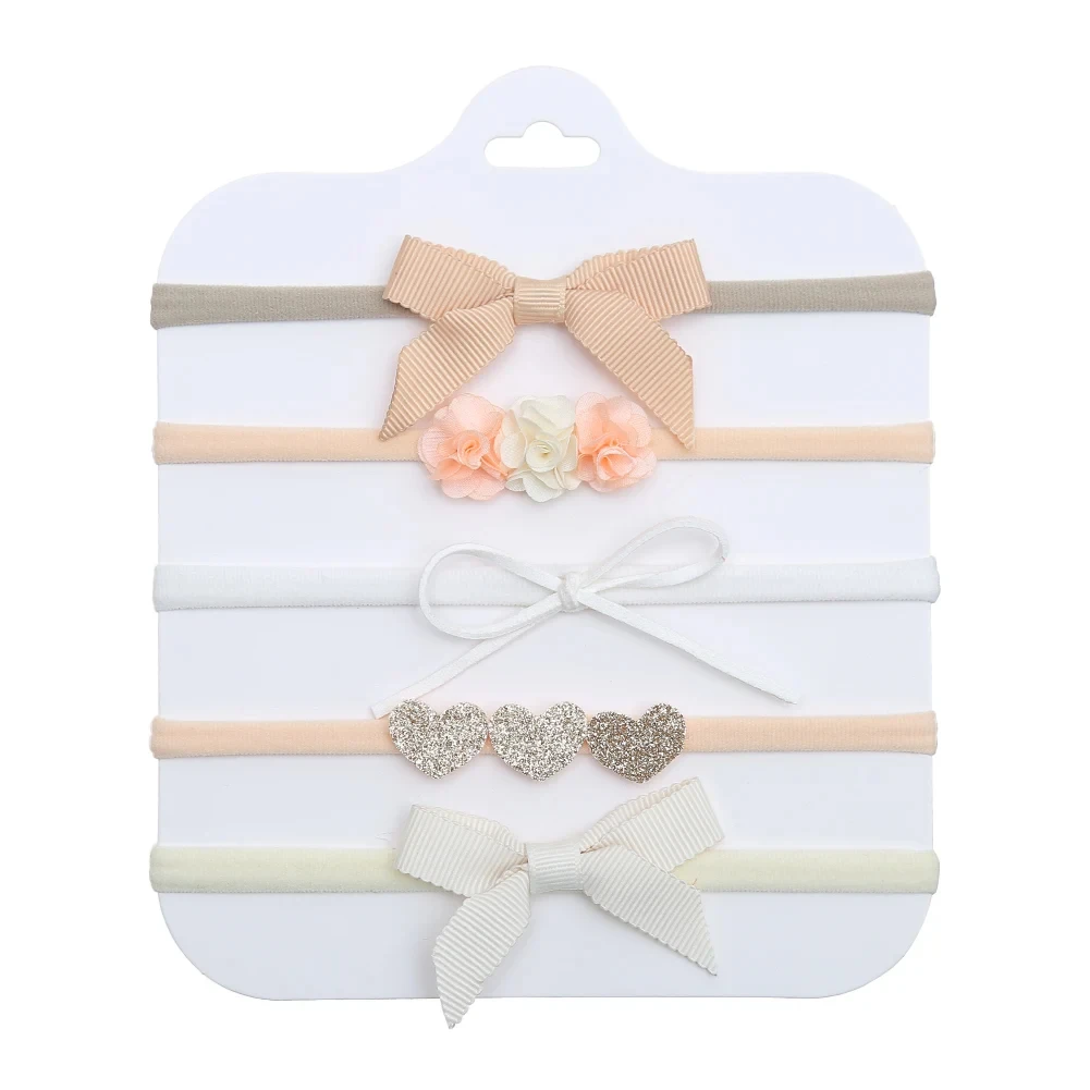 5Pcs/Set Fake Flower Baby Girl Headband Newborn Glitter Leather Hair Bows Nylon Bands Elastic Ribbon Hair Ties Accessories