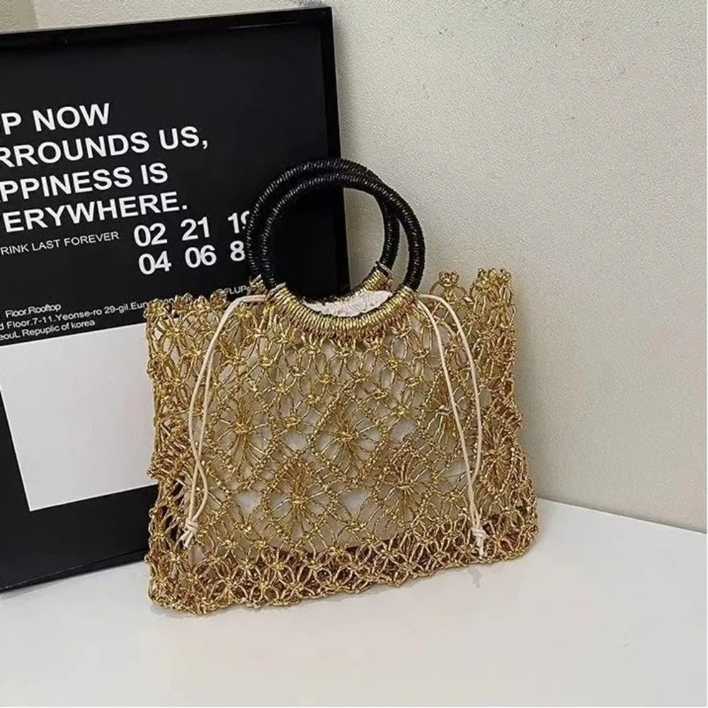 

Luxury Designer Handmade Woven Design Round Handle Handbags For Women Eco-friendly Craft Paper Hollow-out Top-handle Bags