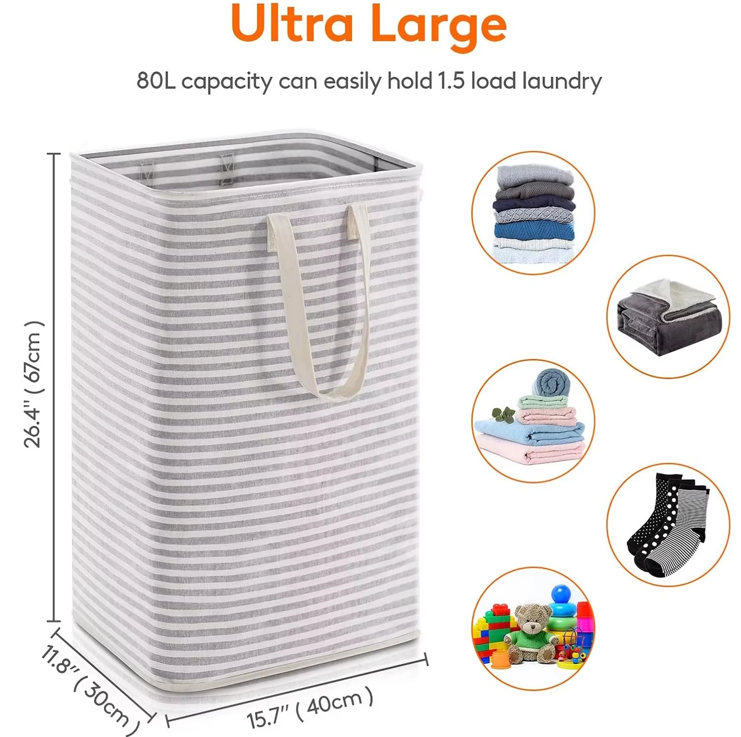 Laundry Basket 80L Each, Collapsible Clothes Hamper with Reinforced Handles, Freestanding Waterproof Design for Bedroom