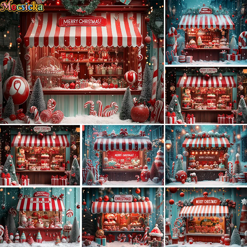 Mocsicka Christmas Cart Store Photography Backdrop Kids Family Photocall Child Baby Photocall Decors Snowy Xmas Trees Background