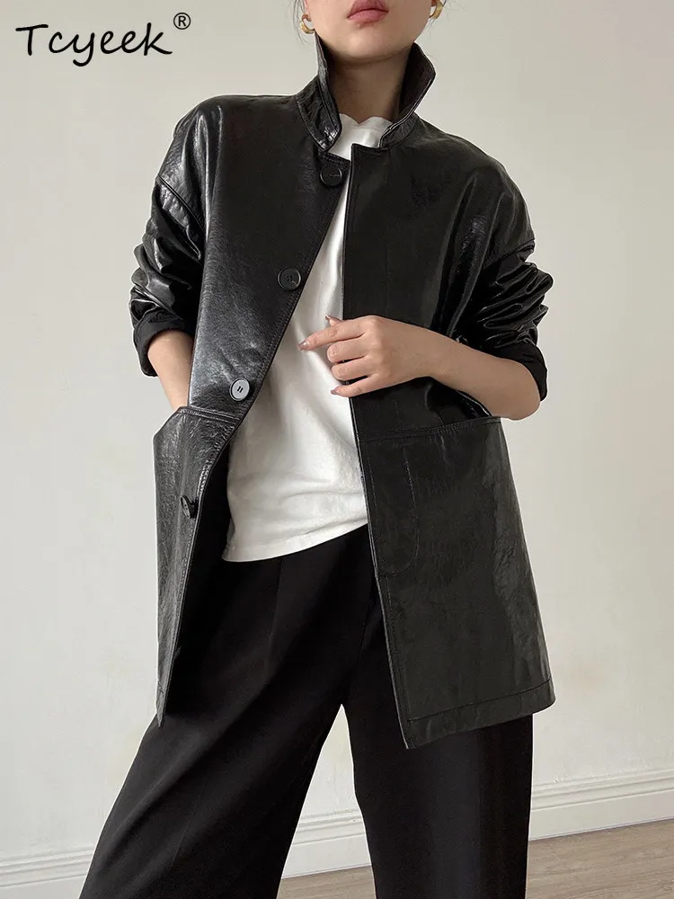 Kurtka damska Tcyeek z prawdziwej skóry, odzież wiosenno-jesienna, płaszcz ze skóry koziej licowej, modny płaszcz trencz o średniej długości dla kobiet, kolekcja 2025