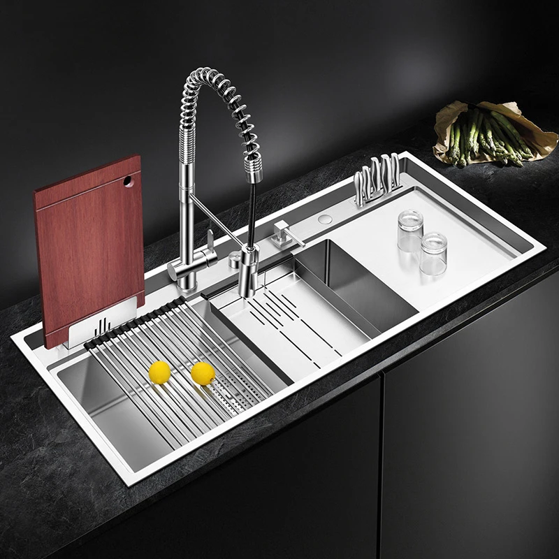 ASRAS Large Size Handmade Brushed Single Kitchen Sink 4mm Thickness 240mm Depth With Drain Plate Knife Holder Kitchen Sinks