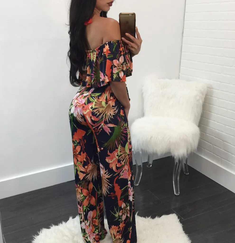 Women's Sexy Straight Neck Off-the-Shoulder Jumpsuits Fashion Print Loose Wide-Leg Jumpsuits Casual Party Club Elegant Jumpsuits