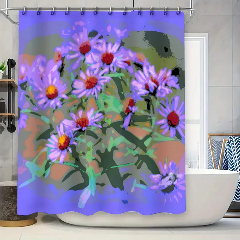 

Водонепроницаемая занавеска для душа с принтом и цветочным декором для ванных комнат Ярко-фиолетовые цветы с зелеными листьями, 72x72 дюйма (180x180