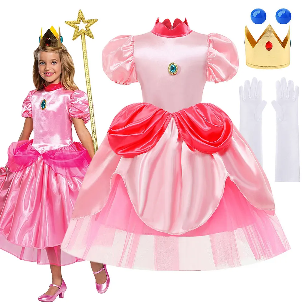 

Lolita Girls Dress Vedio Game Peach Princess Role Play Costume Movie Super Bros Cosplay Apparel Kids Halloween Party Disguise