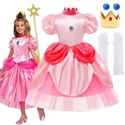 Lolita Girls Dress Vedio Game Peach Princess Role Play Costume Movie Super Bros Cosplay Apparel Kids Halloween Party Disguise