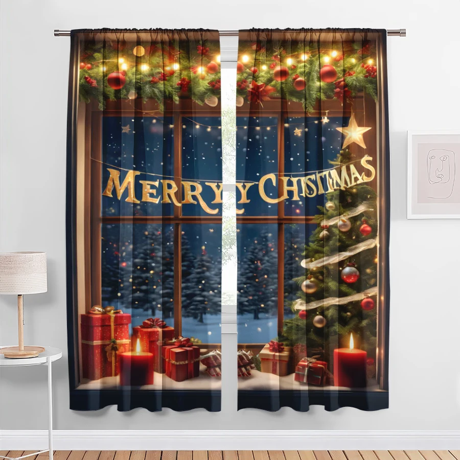 2PCS Digital Print Christmas Curtains, Merry Xmas Window Tree Gifts, Warm Festive Night Window Drapes for Holiday Decor