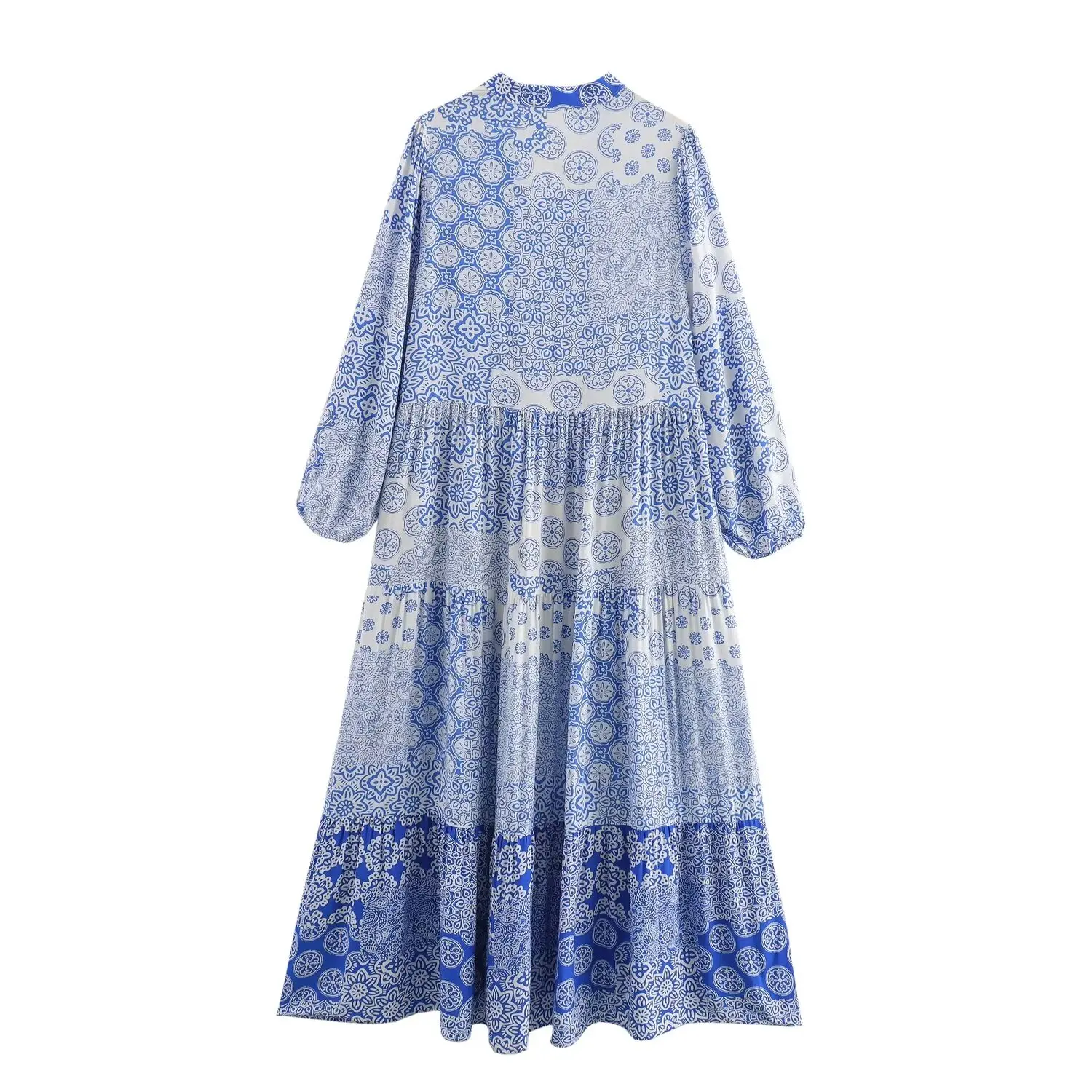 Tangada 2024 Summer Women Blue Flowers Print Dress Female Long Sleeve A-line Dress 6x0353