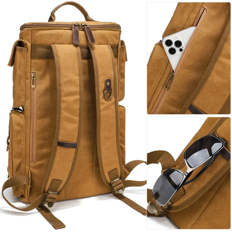 Mochila para ordenador portátil de 16 pulgadas, mochila de hombro de lona encerada de cuero Vintage para hombre, mochila de viaje para hombre y mujer