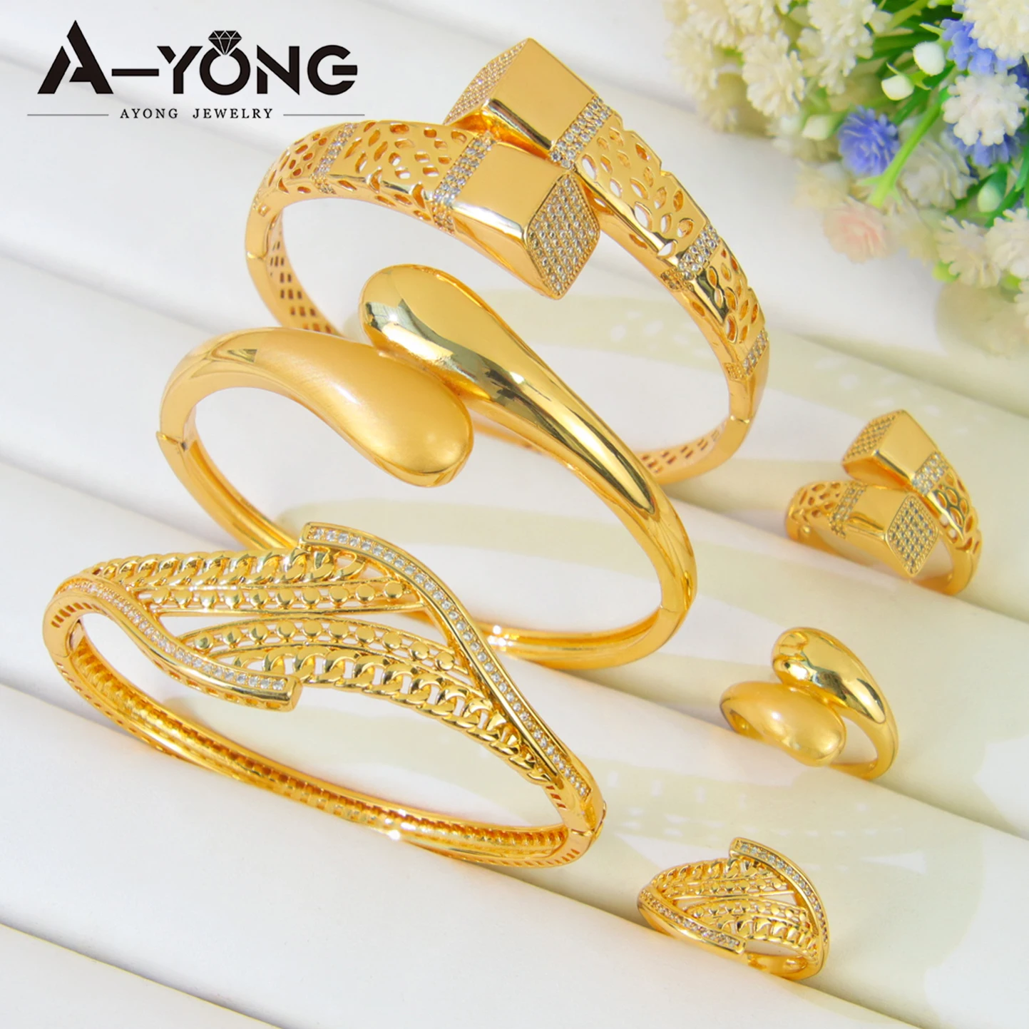

Luxury Dubai Frosted Opening Bracelet Ring Set 21k Gold Plated Algeria Classic Zirconia Bangles Arabic Women Vintage Jewelry