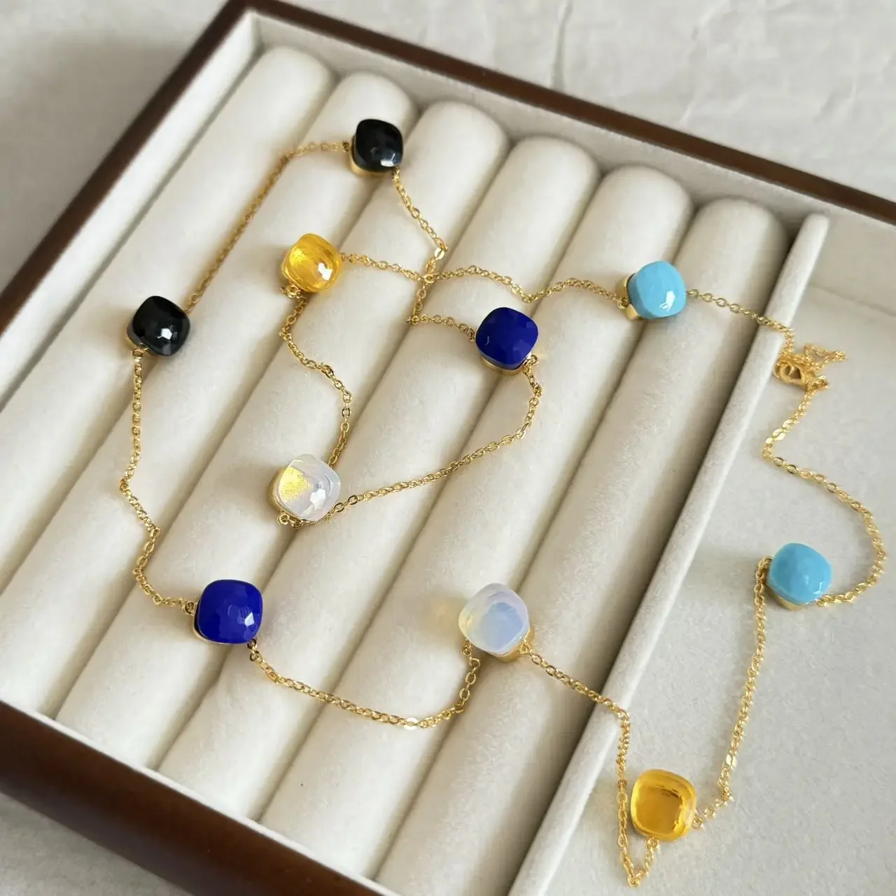 

90cm Colorful Candy Square Women's Sweater Chain Mixed Color Crystal Long Hair Chain Bohemian Van Gogh Style Crystal Necklace