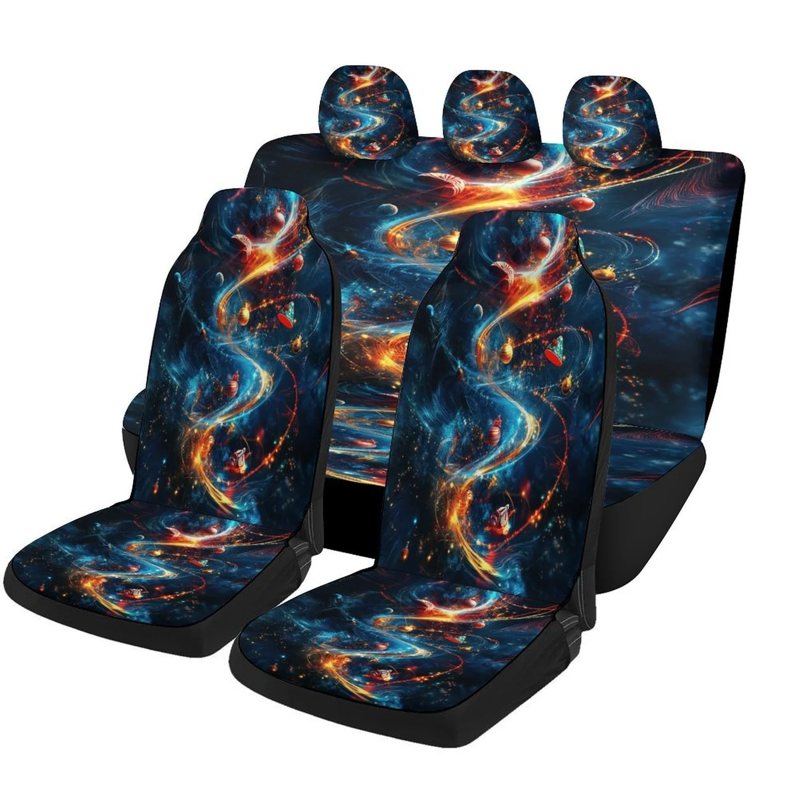 Set Of Car Seat Covers Featuring A Cosmic Christmas Spiral Design, Suitable For Most Vehicles. These Trendy And Breathable Decor