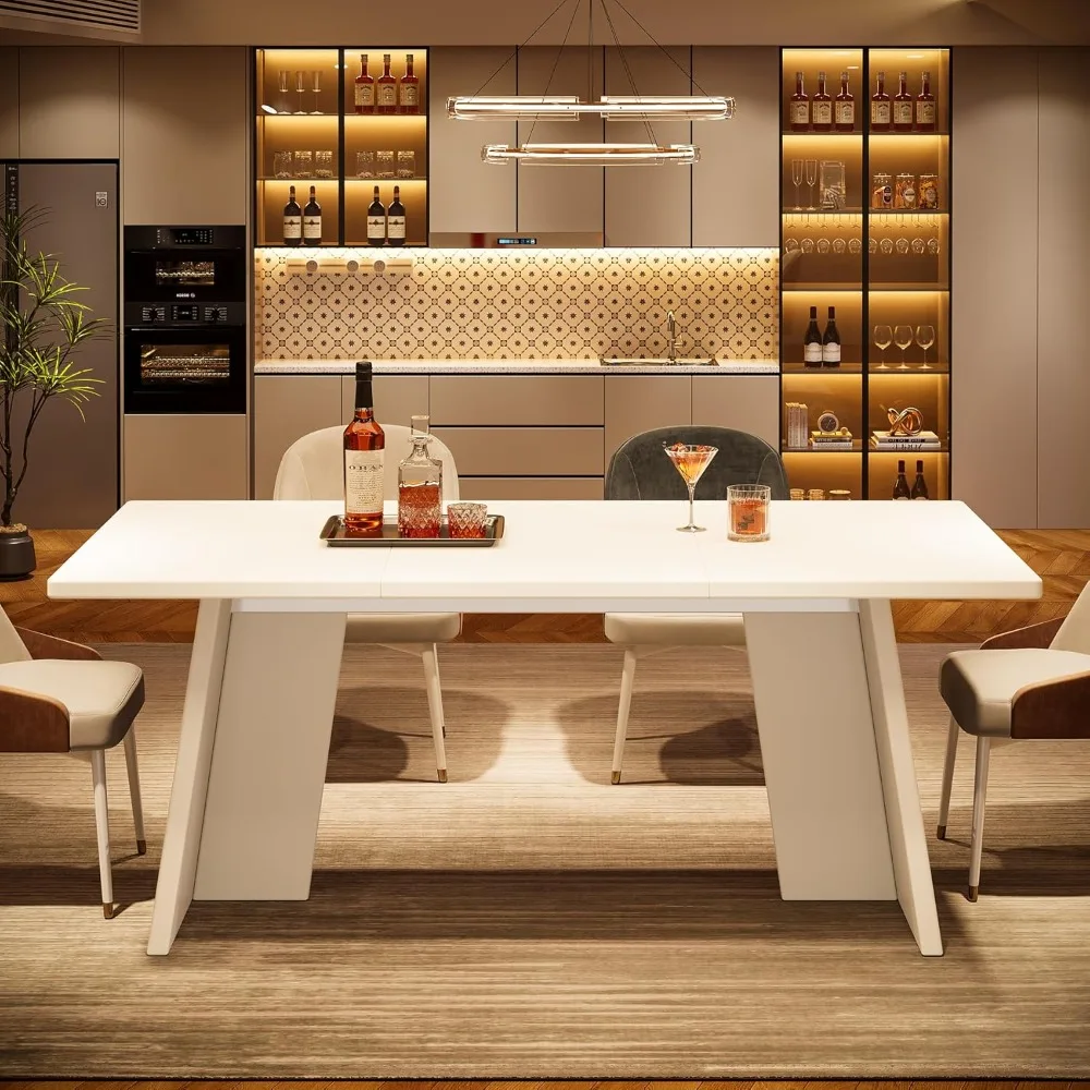 Modern Rectangular Dining Table by Tribesigns, 63 White Kitchen Table with Glossy Top and Strong Double Pedestal Base