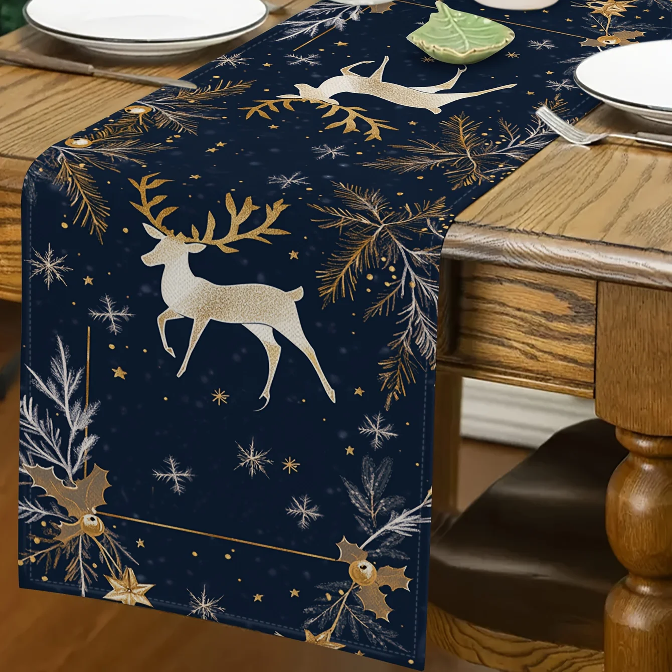 1 قطعة عيد الميلاد الذهبي الغزلان البحرية الجدول عداء ، متعدد الموسم العالمي لتزيين طاولة الطعام ، الكتان 2D ديكور مسطح